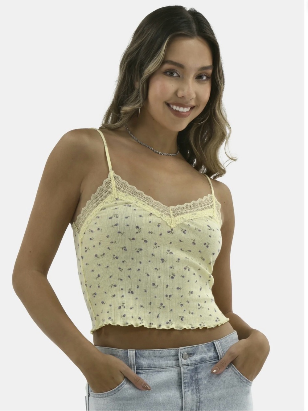 No Boundaries Tender Lemon Lace Trim Adjustable Strap Lettuce Edge Hem Cami